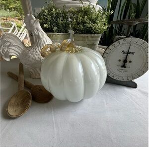 Beautiful Opalescent White & Gold Hand Blown Glass Pumpkin Fall Autumn